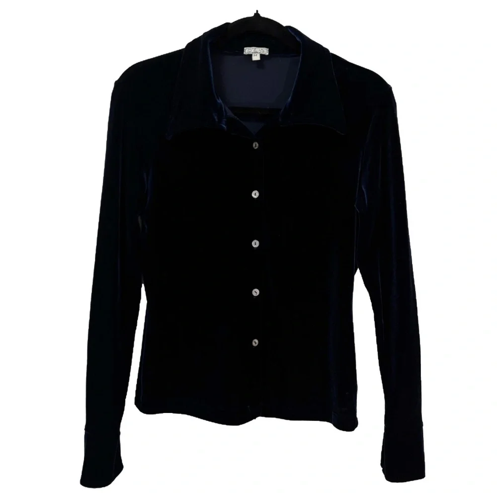 Beautiful vintage lush deep blue velour button up shirt size M - Picture 1 of 8